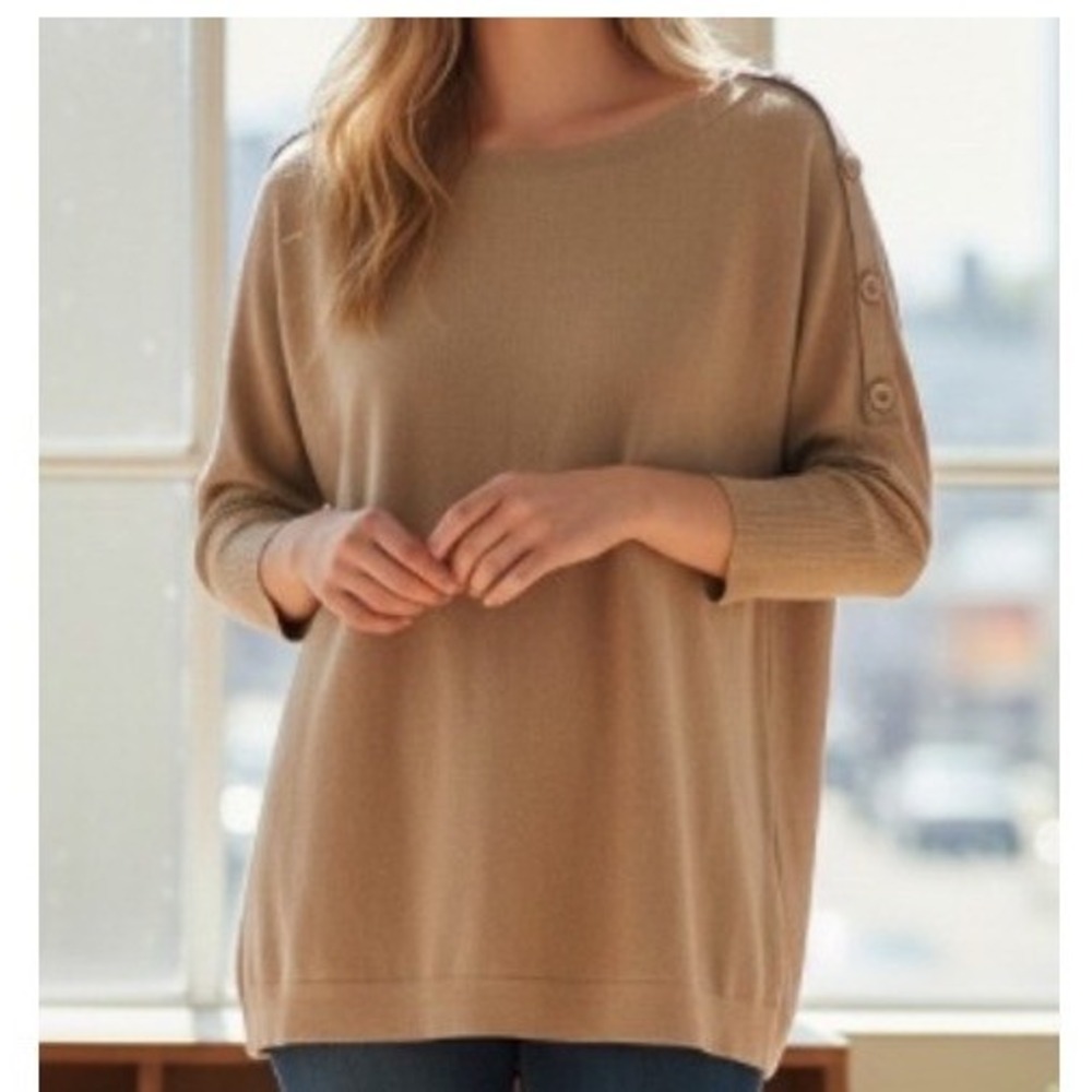 Cable & Gauge Women Tan Boatneck Button Shoulder Dolman Sleeve Sweater Small